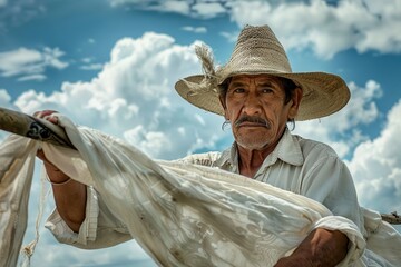 middle-aged man hanging clothes on the clothesline