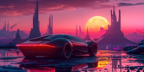 In the image, there is a black car with red lights on it, sitting in front of a city. The city has tall buildings and appears to be on fire, with a red and orange hue. The sky is also red.