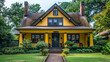A vibrant mustard yellow craftsman-style house from the front, with a broad porch and distinctive, decorative corbels supporting 
