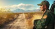 A border patrol officer in uniform, monitoring a border area, in a patrol vehicle, photorealistik, solid color background