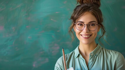 A teacher in front of a chalkboard, holding a pointer and a book, smiling at the camera, solid color background