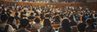Numerous individuals sitting in rows of chairs inside a lecture hall, listening attentively to a speaker at the front of the room