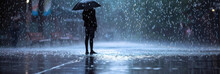 A Person Stands In The Rain, Holding An Umbrella To Shield Themselves From The Downpour