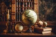 Old geographical globe and map and old book in cabinet. Science, education, travel background. History and geography team. Ancience, antique globe on the background of old map - generative ai