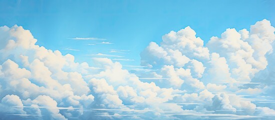 Wall Mural - a painting depicting a clear blue sky with fluffy white clouds and a plane soaring through the seren