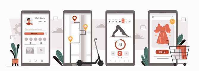 Wall Mural - use smartphones concept. moboile application for active lifestyle and sports. electronic shopping an