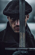 Vintage Intrigue: Close-Up Portrait with Sword in Front of Eye, Cap and Coat