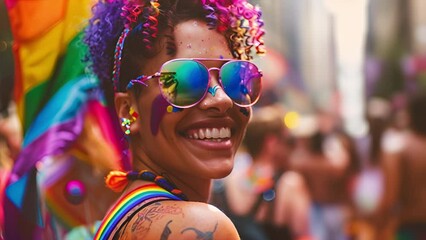 Wall Mural - Gay Latino man wearing sun glasses and rainbow curly hair smiling at a gay pride event