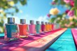 Bottles of nail polish on a colorful wooden table