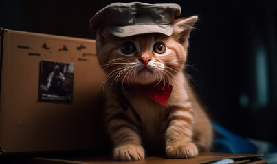 Poster - Small red kitten sits on box in cap and red tie