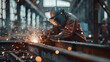 © Bnetto - A welder in helmet working on towering beams with hot welding sparks