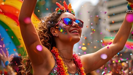 Wall Mural - Woman in sunglasses with confetti falling around her celebrating at a gay pride event