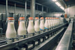 Row of milk bottles on a conveyor belt. Efficient modern milk conveyor for filling milk on a blurred background