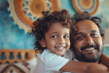 Wall Mural - Happy Indian boy plays with African parents at home.