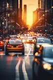 Fototapeta  - yellow taxi car in traffic on a city street slow motion Generative AI