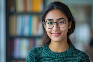 Wall Mural - Confident young Indian woman smiling in classroom or office.