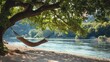 A riverside view with a hammock swaying gently in the breeze under shady trees.