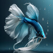 amazing fine art with bright azure color Betta fish with long tail and fins posing against blue sea background. close up. Digital artwork.  Ai generated