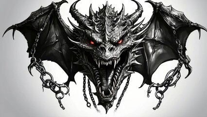 Wall Mural - dragon head with chains for tattoo design illustration, clipart