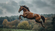Aerial Symphonie: A Majestic Horse Captured in Full Leap against a Verdant Landscape