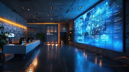 Sticker - Tech company lobby with interactive displays and a clean, modern aesthetic, solid color background, 4k, ultra hd