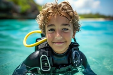 Sticker - Child at diving lessons. Background with selective focus and copy space