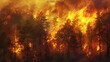 Raging forest fire, dangerous wildfire disaster illustration. Dramatic burning trees, digital painting, nature emergency concept