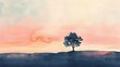 Serene minimalist landscape with a lone tree silhouetted against a pastel sky, watercolor painting