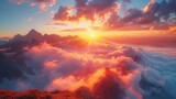 Fototapeta Na sufit - Sunlight piercing through clouds over mountains in a red sky at morning