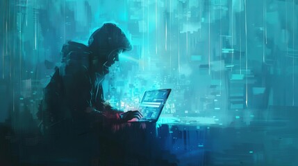 Programmer Working on Laptop, Software Development and Coding Concept, Digital Painting