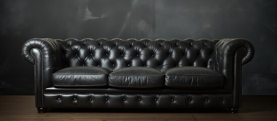 Wall Mural - A detailed view of a black leather couch positioned against a dark-colored wall in a room