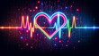 © BussarinK - Vibrant neon heart with a pulsating heartbeat line on a dark digital circuit board background, conveying love and technology