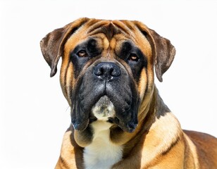 bullmastiff bull mastiff - Canis lupus familiaris - a very large breed of domestic animal with brown and black colors, isolated on white background looking at camera full face and head