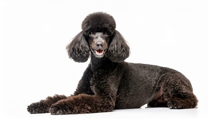 Standard Poodle dog - Canis lupus familiaris - dark charcoal grey black color tongue out while panting isolated on white background close up laying down looking at camera