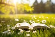 Open book in the grass on the field on sunny day in spring. Beautiful meadow with daisy and dandelion flowers at springtime. Reading and knowledge concept - generative ai