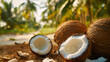 Natural coconut plantation backdrop highlights coconut oil.