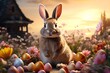 Easter bunny with colorful eggs on meadow. 3d rendering