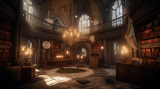 An enchanting library nestled within the walls of an ancient castle, its shelves adorned with dusty tomes and illuminated by the soft glow of antique lamps, evoking a sense of mystery and wonder.
