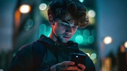 Wall Mural - Pushing towards a gen-z Caucasian brunette teenage boy standing on a city street looking at his smart phone at night