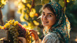 smiling Italian young woman in a headscarf holds a bunch of grapes in her hand, viticulture, wine, harvest, summer, garden, girl, portrait, winemaking, greens, emotional face