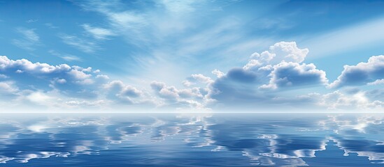 Wall Mural - The image shows a scenic view of the ocean with the sun shining through fluffy clouds in the sky