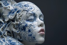 Woman Face Made Out Of Painted Porcelain With Flowers