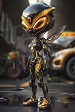 A Robot Bee Stands On A Street, Wearing A Black And Gold Exosuit.