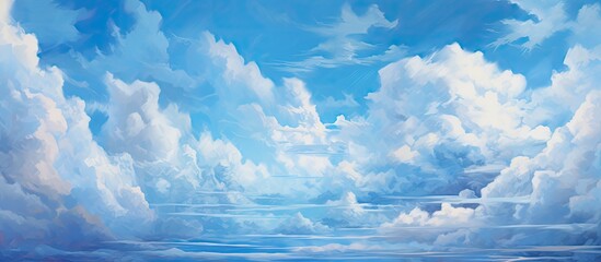 Wall Mural - a natural landscape painting of a brilliant electric blue sky with fluffy cumulus clouds hovering ov