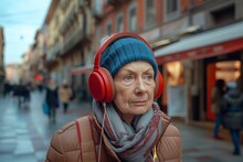 Elderly Woman In A Warm Winter Outfit Enjoying Music With Red Headphones, Concept Of Modern Technology In Everyday Life