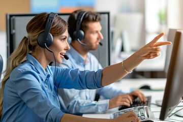 Wall Mural - Female call center agent helping male colleague pointing at computer