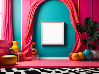 Wall Mural - A mockup of an empty frame with pop art-inspired bold colors and graphic patterns, placed in a vibrant room