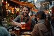 Cheerful bearded man serving beer to customers at an outdoor food market, embodying the concept of hospitality and communal dining in urban leisure spaces