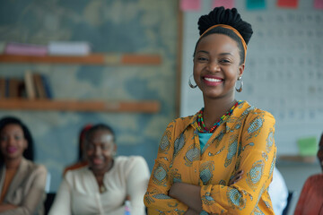 Wall Mural - Smiling african manager coach speaking at diverse corporate group meeting female black teacher team leader talking to office workers at training teaching employees explaining new idea mentoring