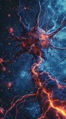 Wall Mural - a neuron is shown with a bright orange glow. generative ai.